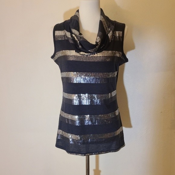 Roz & Ali black and silver cowl neck striped sequined sleeveless blouse sz S - Picture 1 of 8